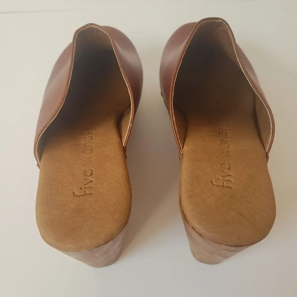 NWOT Five Words Brown Leather Wooden Platform Heel Studded Clogs Size 8 - Picture 12 of 12